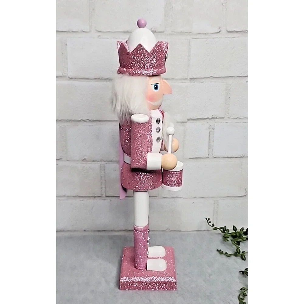 Pink White Drummer King Guard Nutcracker Glitter Wooden 14